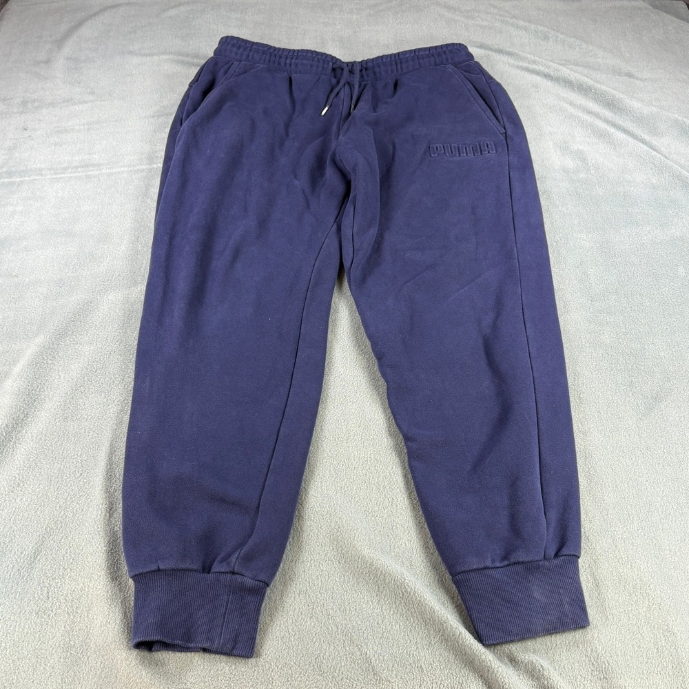 Puma Mens Fleece Lined Jogger Sweatpants Navy Blue Embossed Logo Size Large